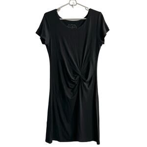 Peruvian Connection Jersey Dress Women Medium Black Twist Front Cap Sleeve